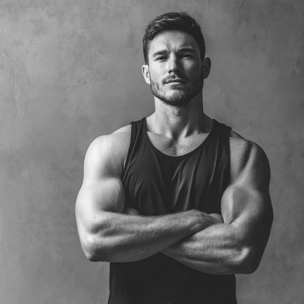 Confident man in athletic wear standing with arms crossed, displaying strength and determination