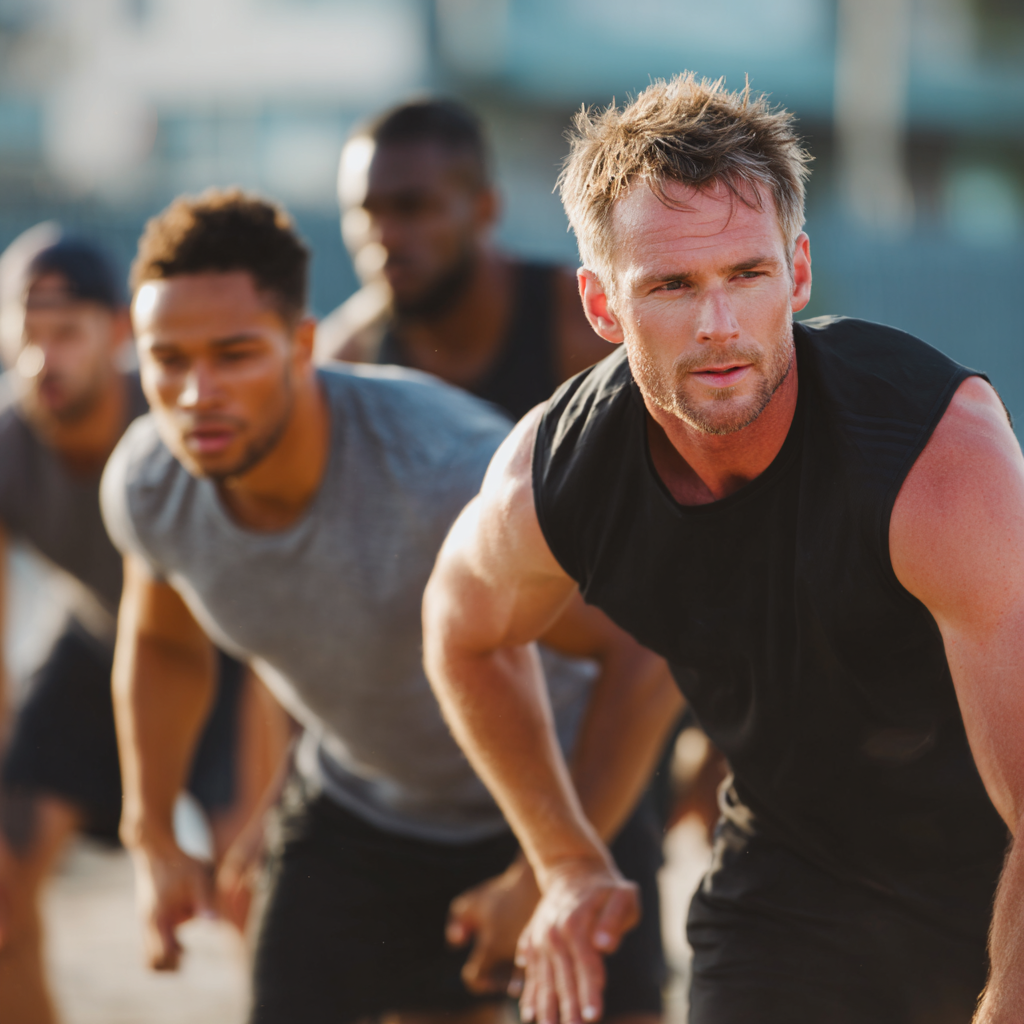 Men engaged in group fitness training outdoors, showing teamwork and motivation